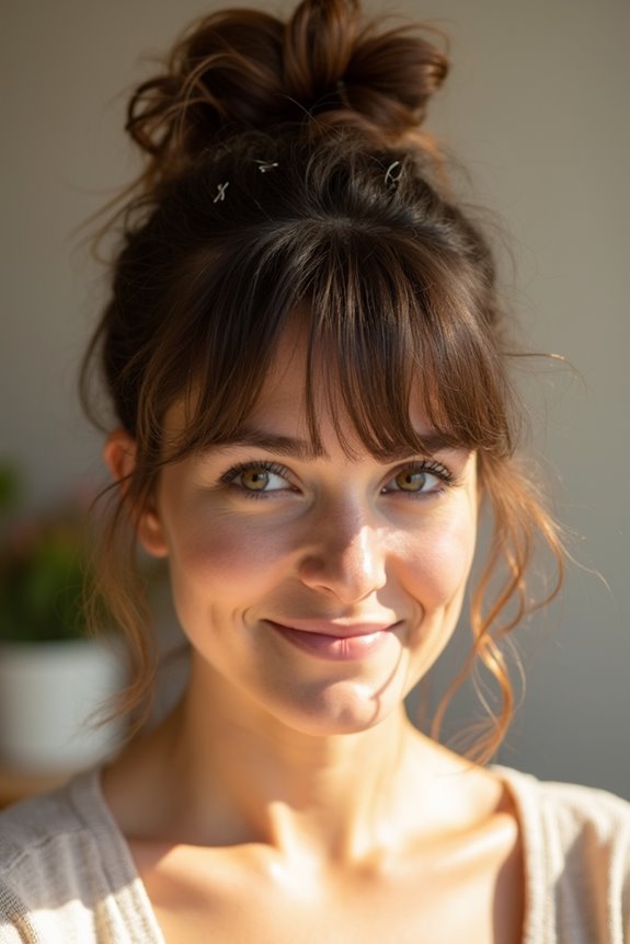 messy bun with pinned bangs